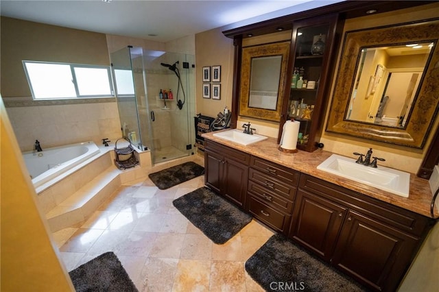 19162 Liggett St, Northridge, CA 91324 - bathroom featuring tile patterned flooring, a shower stall, double vanity, and a bath