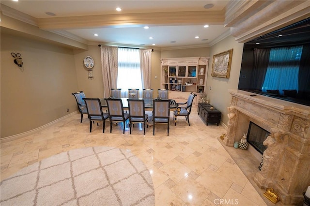 19162 Liggett St, Northridge, CA 91324 - dining room with baseboards, ornamental molding, stone tile floors, a stone fireplace, and recessed lighting