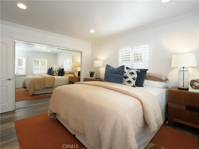 2048 264th St, Lomita, CA 90717 - bedroom with crown molding, wood finished floors, multiple windows, recessed lighting, and a closet