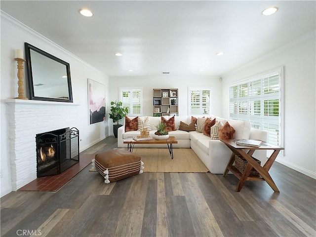 2048 264th St, Lomita, CA 90717 - living area with crown molding, a fireplace with flush hearth, wood finished floors, baseboards, and recessed lighting