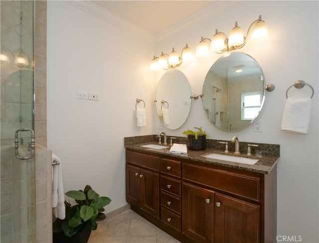 2048 264th St, Lomita, CA 90717 - full bath with double vanity, a shower stall, ornamental molding, and baseboards