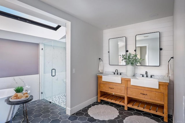 1051 Via Rancho Pkwy, Escondido, CA 92029 - full bathroom with a marble finish shower, double vanity, tile patterned flooring, and a soaking tub