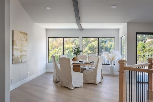 1051 Via Rancho Pkwy, Escondido, CA 92029 - dining room with wood finished floors, baseboards, plenty of natural light, beam ceiling, and recessed lighting