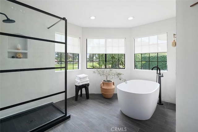 5933 Birkdale Ln, San Luis Obispo, CA 93401 - bathroom featuring walk in shower, healthy amount of natural light, a freestanding bath, wood finished floors, and recessed lighting