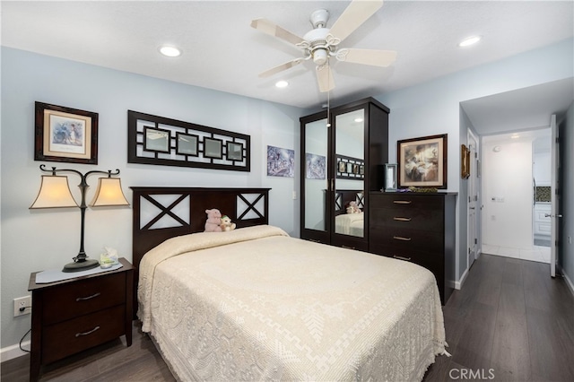 1420 Northwood Rd Unit 241C, Seal Beach, CA 90740 - bedroom featuring baseboards, dark wood-style floors, recessed lighting, and ceiling fan