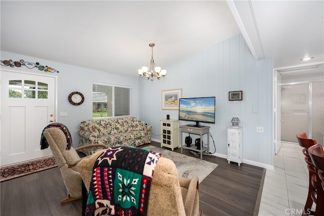 1420 Northwood Rd Unit 241C, Seal Beach, CA 90740 - living area with a chandelier, wood finished floors, and baseboards
