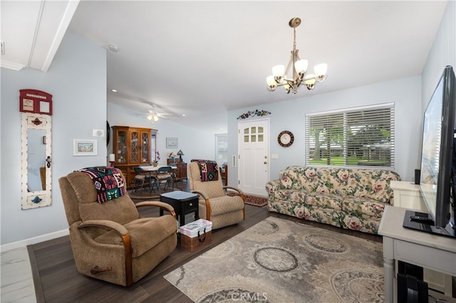1420 Northwood Rd Unit 241C, Seal Beach, CA 90740 - living area with a chandelier, wood finished floors, baseboards, ceiling fan, and lofted ceiling