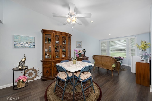 1420 Northwood Rd Unit 241C, Seal Beach, CA 90740 - dining area with lofted ceiling, dark wood-style floors, baseboards, ceiling fan, and recessed lighting