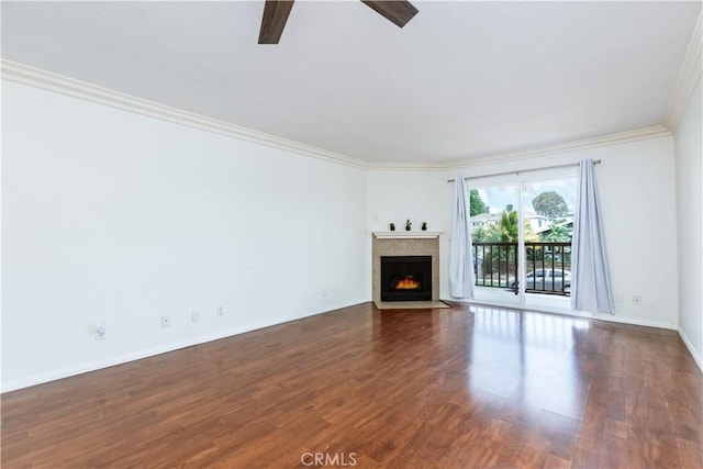 3516 E Ransom St Unit 103, Long Beach, CA 90804 - unfurnished living room with wood finished floors, ceiling fan, crown molding, a fireplace with flush hearth, and baseboards