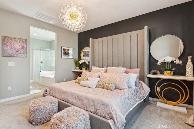 29589 Woodcreek Trl, Winchester, CA 92596 - bedroom with carpet floors, a chandelier, baseboards, and ensuite bathroom