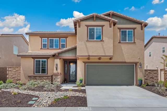 29589 Woodcreek Trl, Winchester, CA 92596 - craftsman house with a garage, driveway, stucco siding, stone siding, and a tiled roof