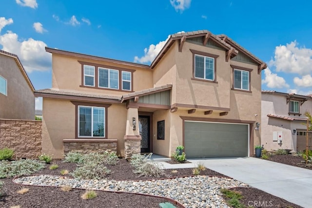 29589 Woodcreek Trl, Winchester, CA 92596 - view of front facade with an attached garage, driveway, stucco siding, and stone siding
