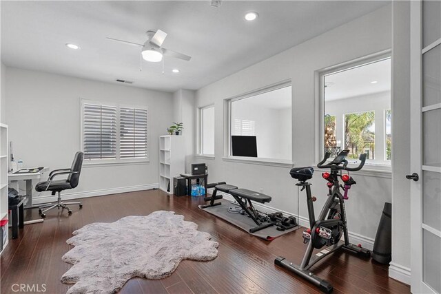 29259 Black Pine Way, Saugus, CA 91390 - home office featuring ceiling fan, wood finished floors, recessed lighting, and baseboards