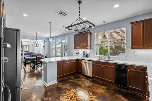 29259 Black Pine Way, Saugus, CA 91390 - kitchen featuring appliances with stainless steel finishes, a sink, finished concrete floors, a peninsula, and recessed lighting