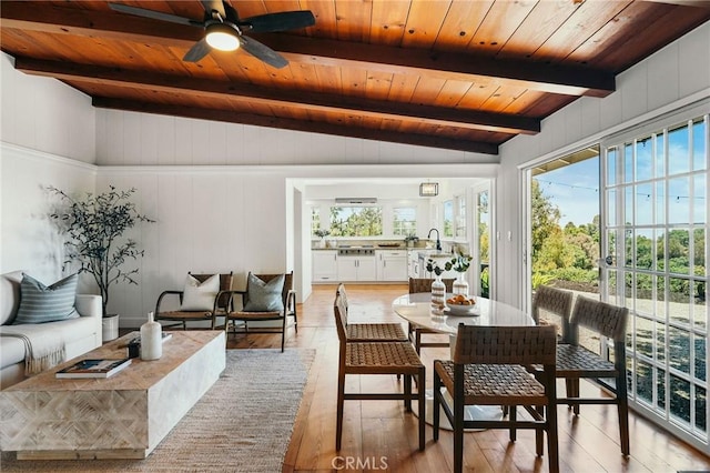 27317 Sunnyridge Rd, Palos Verdes Peninsula, CA 90274 - dining area featuring wooden ceiling, light wood-type flooring, and a ceiling fan