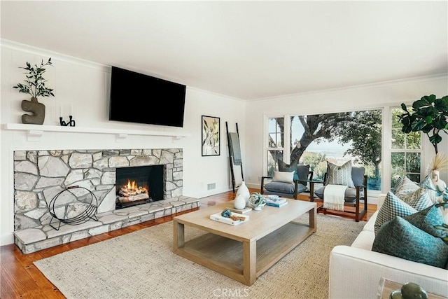 27317 Sunnyridge Rd, Palos Verdes Peninsula, CA 90274 - living area with wood finished floors, a fireplace, and ornamental molding