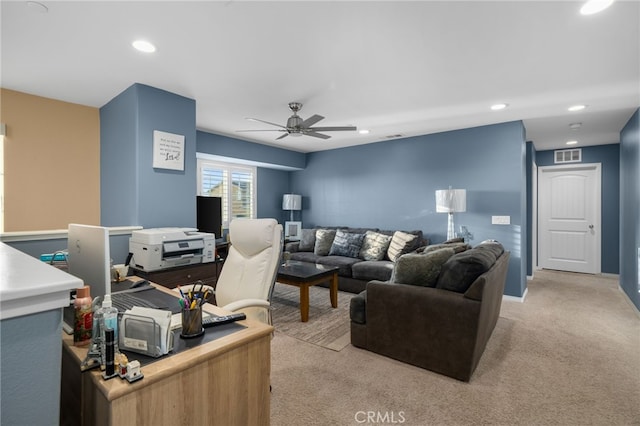 14226 Bonavento Ln, Beaumont, CA 92223 - office with a ceiling fan, light colored carpet, and recessed lighting