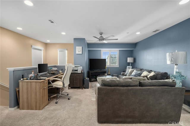 14226 Bonavento Ln, Beaumont, CA 92223 - living area featuring light colored carpet, an office area, recessed lighting, and ceiling fan