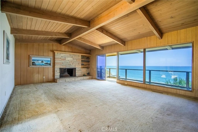 2018 Calle De Los Alamos, San Clemente, CA 92672 - unfurnished living room featuring wooden walls, a water view, wood ceiling, a stone fireplace, and carpet