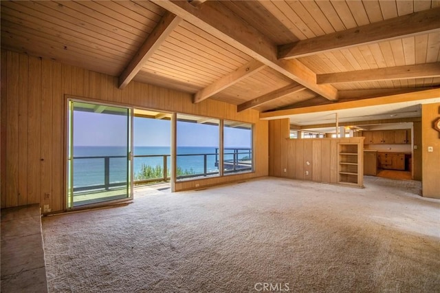 2018 Calle De Los Alamos, San Clemente, CA 92672 - unfurnished living room featuring a water view, plenty of natural light, wood ceiling, wood walls, and carpet