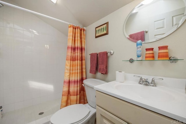 5015 Alicante Way, Oceanside, CA 92056 - bathroom with toilet, lofted ceiling, a tile shower, and vanity