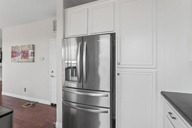 9925 Fieldthorn St, San Diego, CA 92127 - kitchen featuring stainless steel fridge with ice dispenser, dark wood finished floors, white cabinetry, and dark countertops