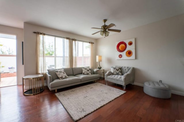 9925 Fieldthorn St, San Diego, CA 92127 - living area featuring dark wood-style floors and a ceiling fan