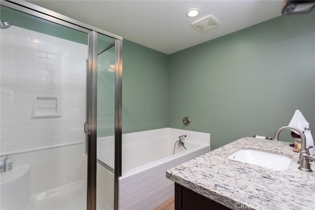 8390 Curbaril Ave, Atascadero, CA 93422 - bathroom with vanity, a stall shower, and a garden tub