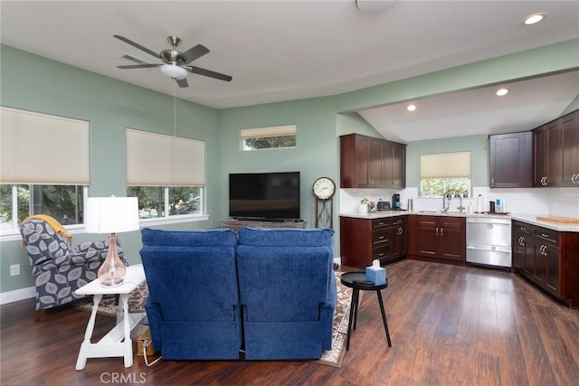 8390 Curbaril Ave, Atascadero, CA 93422 - living area with ceiling fan, dark wood-style floors, recessed lighting, and baseboards