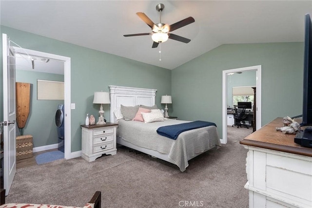 8390 Curbaril Ave, Atascadero, CA 93422 - carpeted bedroom featuring a desk, vaulted ceiling, washer / dryer, ceiling fan, and baseboards