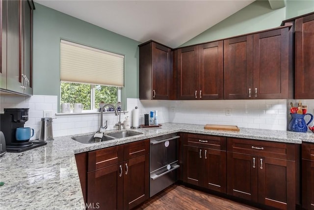 8390 Curbaril Ave, Atascadero, CA 93422 - kitchen featuring a sink, lofted ceiling, light stone counters, decorative backsplash, and dishwasher