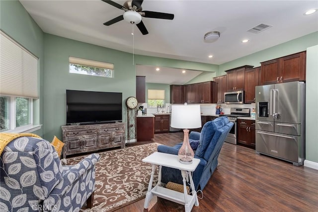 8390 Curbaril Ave, Atascadero, CA 93422 - living area with healthy amount of natural light, dark wood-style flooring, a ceiling fan, and recessed lighting