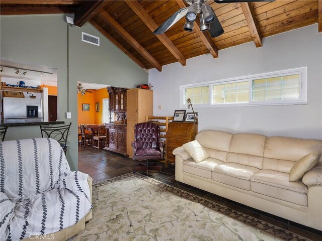 5526 W 118th Pl, Hawthorne, CA 90304 - living area with ceiling fan, wooden ceiling, and stone finish floors