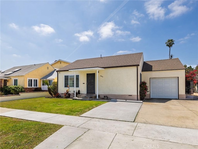 5526 W 118th Pl, Hawthorne, CA 90304 - view of front of house featuring concrete driveway, a garage, a front lawn, stucco siding, and roof with shingles