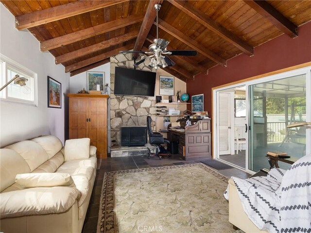 5526 W 118th Pl, Hawthorne, CA 90304 - living area with wooden ceiling, a ceiling fan, and a fireplace