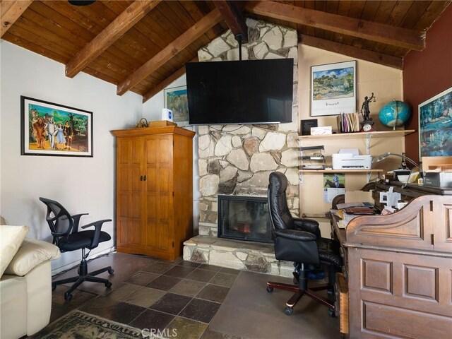 5526 W 118th Pl, Hawthorne, CA 90304 - office space with wooden ceiling and a stone fireplace