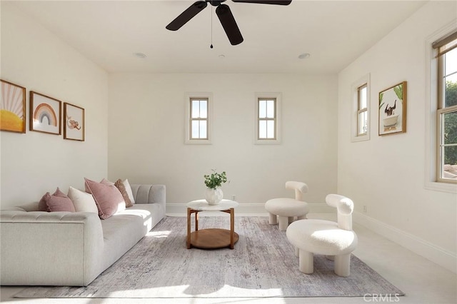 47 Via Alcamo, San Clemente, CA 92673 - living area with healthy amount of natural light, a ceiling fan, and baseboards