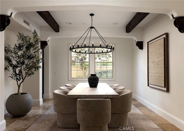 47 Via Alcamo, San Clemente, CA 92673 - dining area featuring beam ceiling, baseboards, a chandelier, and stone finish floors