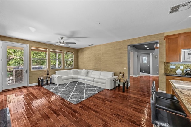 4267 Carnegie Ct, Riverside, CA 92505 - living area featuring a ceiling fan, wood finished floors, and plenty of natural light