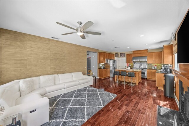 4267 Carnegie Ct, Riverside, CA 92505 - living area featuring a ceiling fan, dark wood-type flooring, and recessed lighting