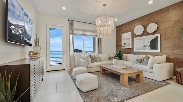 567 Mulligan, Irvine, CA 92618 - tiled living area featuring wooden walls, a chandelier, and recessed lighting