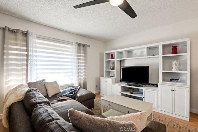 609 S Palm Ave Unit B, Hemet, CA 92543 - living room with ceiling fan, a textured ceiling, light wood-style floors, and baseboards