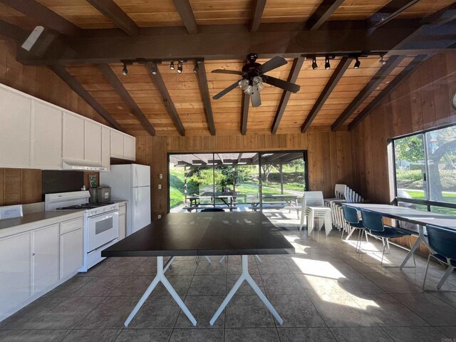 2556 Ocean Cove Dr, Cardiff By The Sea, CA 92007 - kitchen featuring track lighting, white appliances, a ceiling fan, wooden walls, and wooden ceiling
