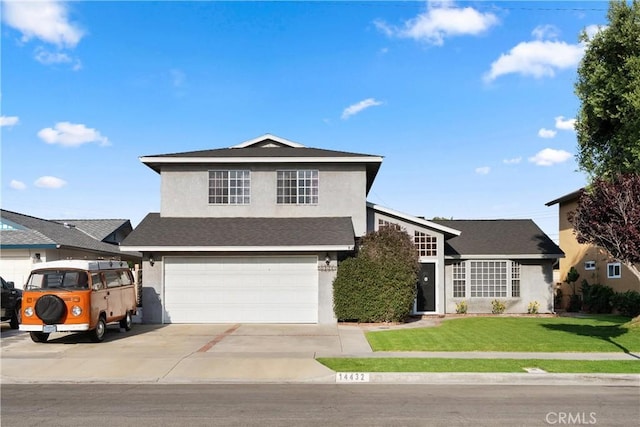 14432 Elmhurst Cir, Huntington Beach, CA 92647 - traditional-style house with stucco siding, an attached garage, concrete driveway, and a front lawn