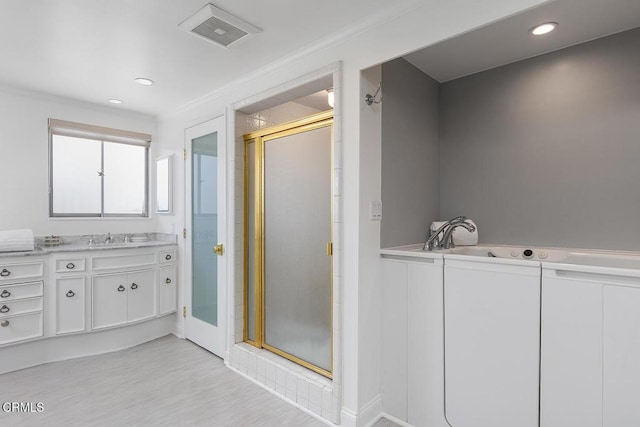 1245 S Orange Grove Blvd Unit 5, Pasadena, CA 91105 - full bathroom with a stall shower, vanity, ornamental molding, wood finished floors, and recessed lighting