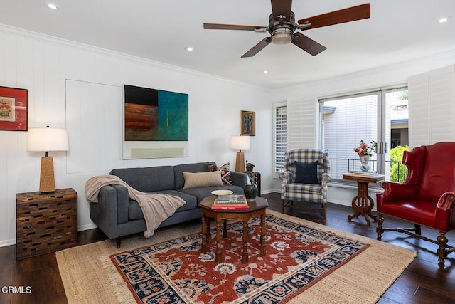 1245 S Orange Grove Blvd Unit 5, Pasadena, CA 91105 - living room featuring crown molding, hardwood / wood-style flooring, a ceiling fan, and recessed lighting
