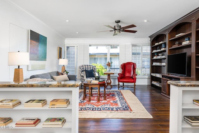 1245 S Orange Grove Blvd Unit 5, Pasadena, CA 91105 - living area featuring ornamental molding, ceiling fan, dark wood-style floors, and recessed lighting