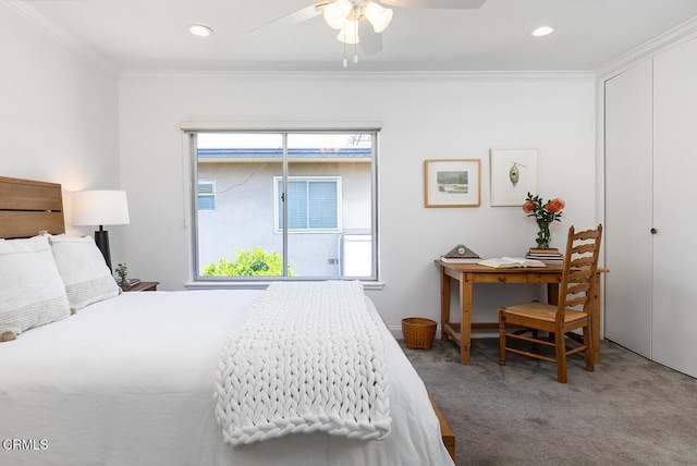 1245 S Orange Grove Blvd Unit 5, Pasadena, CA 91105 - carpeted bedroom with crown molding, a ceiling fan, and recessed lighting