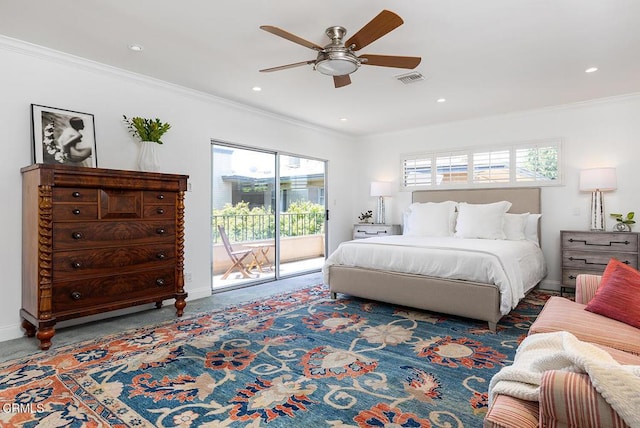 1245 S Orange Grove Blvd Unit 5, Pasadena, CA 91105 - carpeted bedroom with access to exterior, ornamental molding, recessed lighting, and a ceiling fan