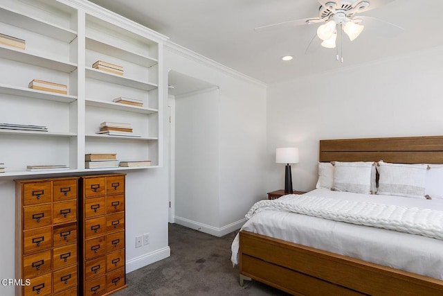 1245 S Orange Grove Blvd Unit 5, Pasadena, CA 91105 - bedroom featuring dark colored carpet, ornamental molding, and a ceiling fan